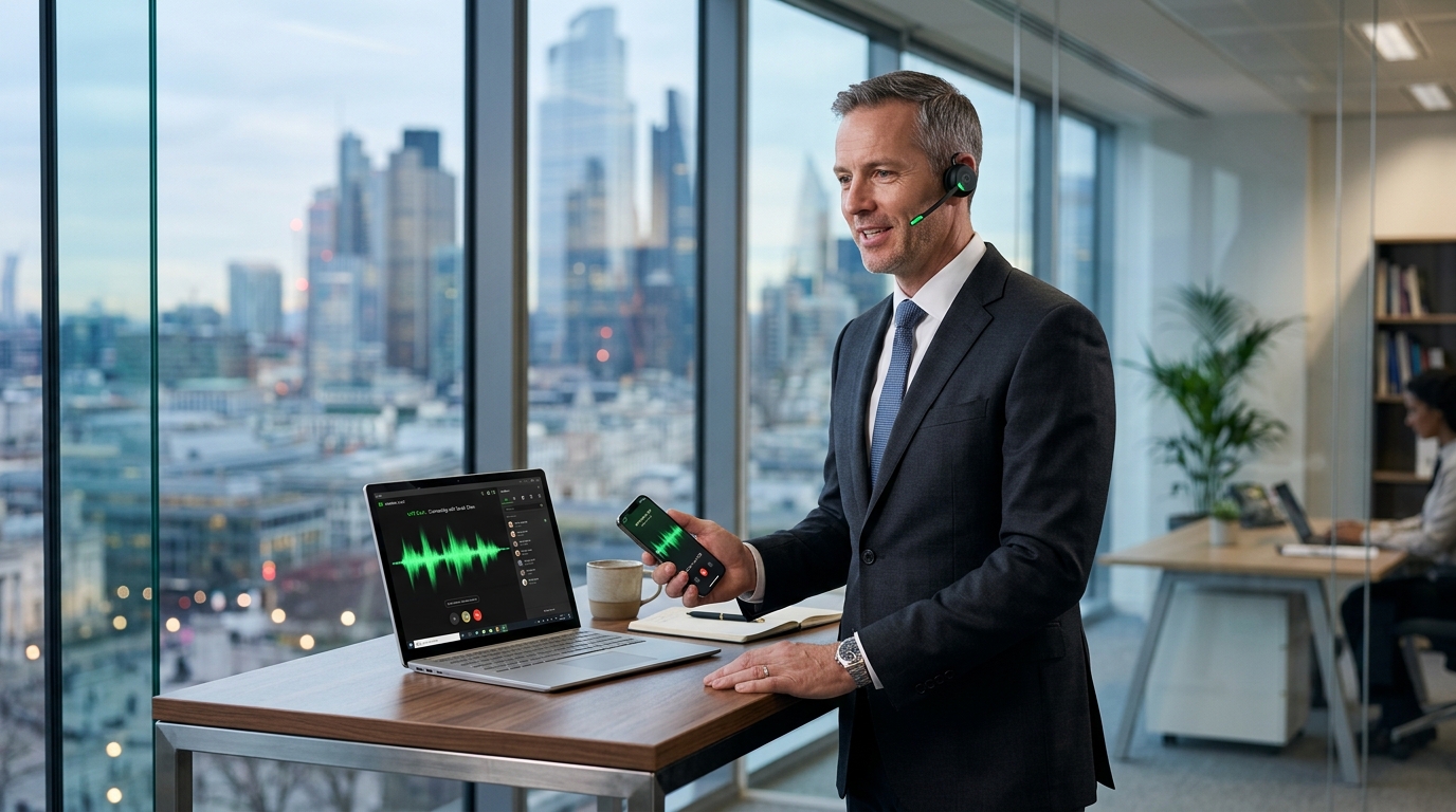 Executivo utilizando telefonia VoIP SpeedVox